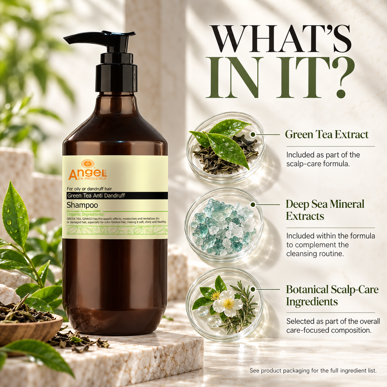 Angel green tea anti-dandruff shampoo bottle with green tea extract and sea minerals