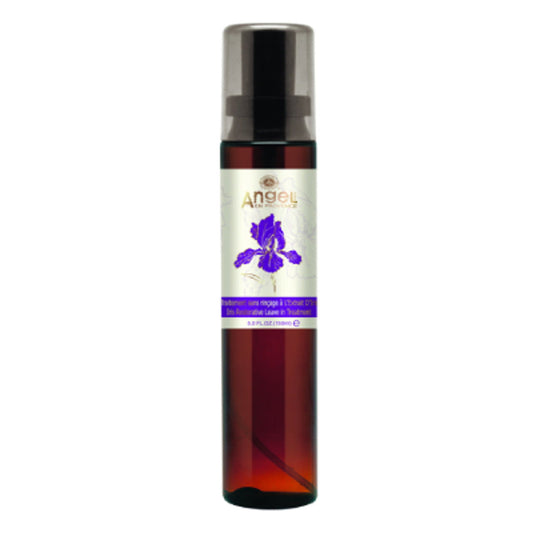Glass leave-in treatment bottle with silver pump top and purple floral label