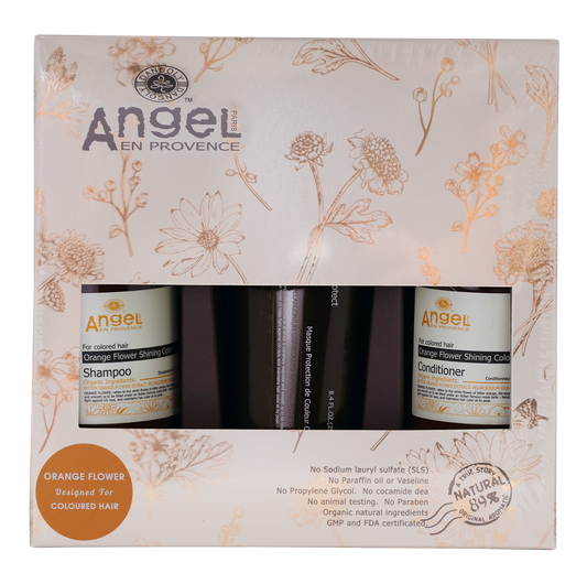 Angel En Provence orange flower hair care gift pack with shampoo and conditioner bottles