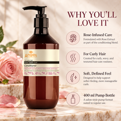 Rose elastic curl conditioner pump bottle with black dispenser; amber bottle and Angel label