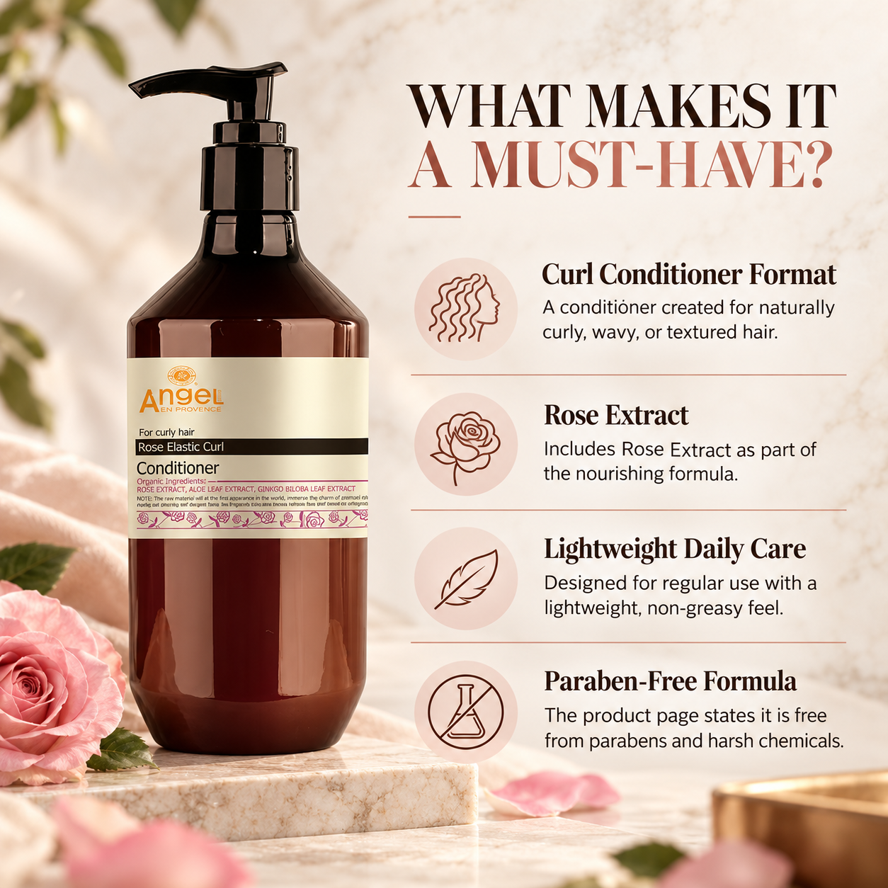 Curl conditioner pump bottle with black nozzle and rose-themed label on amber plastic