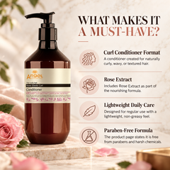 Curl conditioner pump bottle with black nozzle and rose-themed label on amber plastic