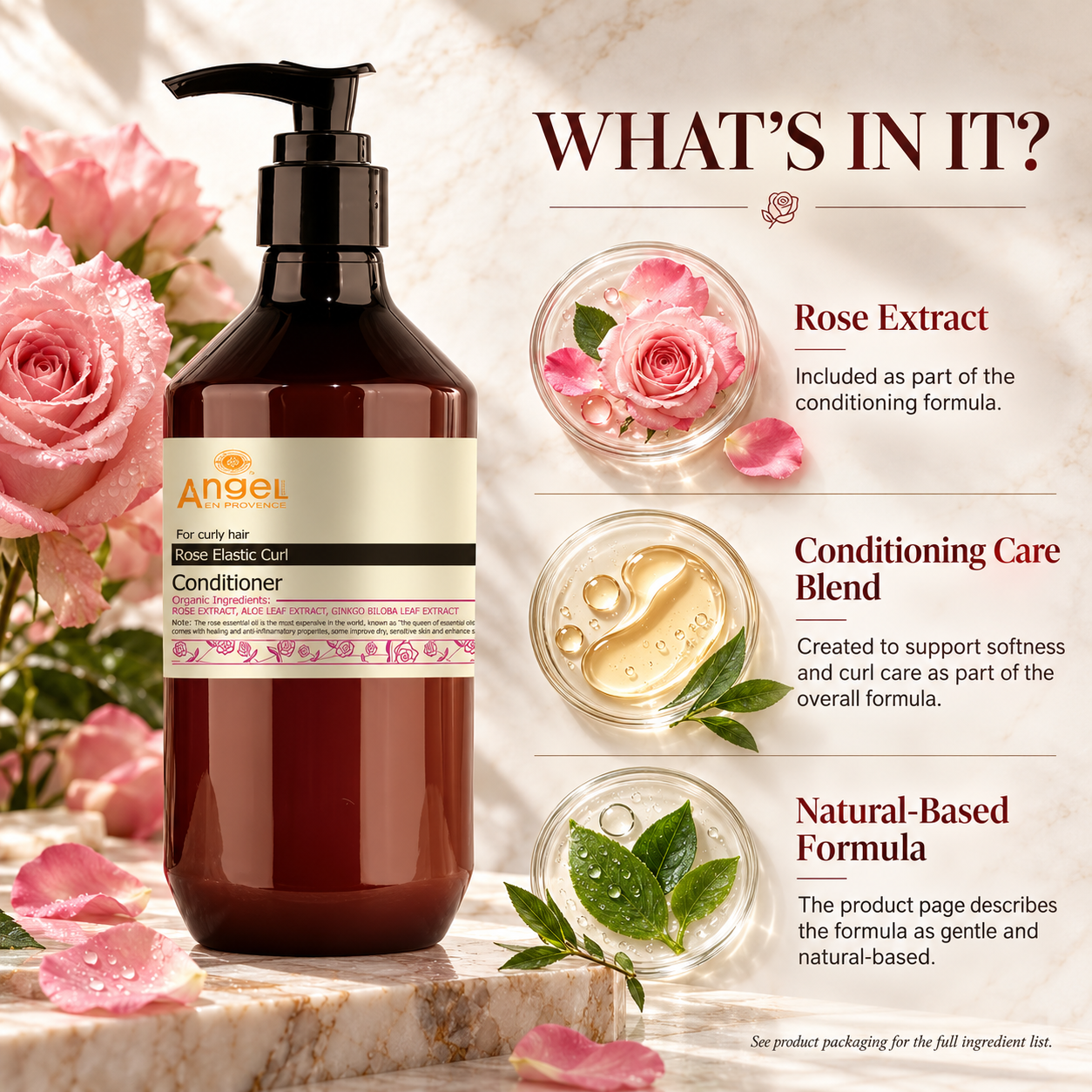 Rose extract curl conditioner pump bottle with black dispenser and Angel branding