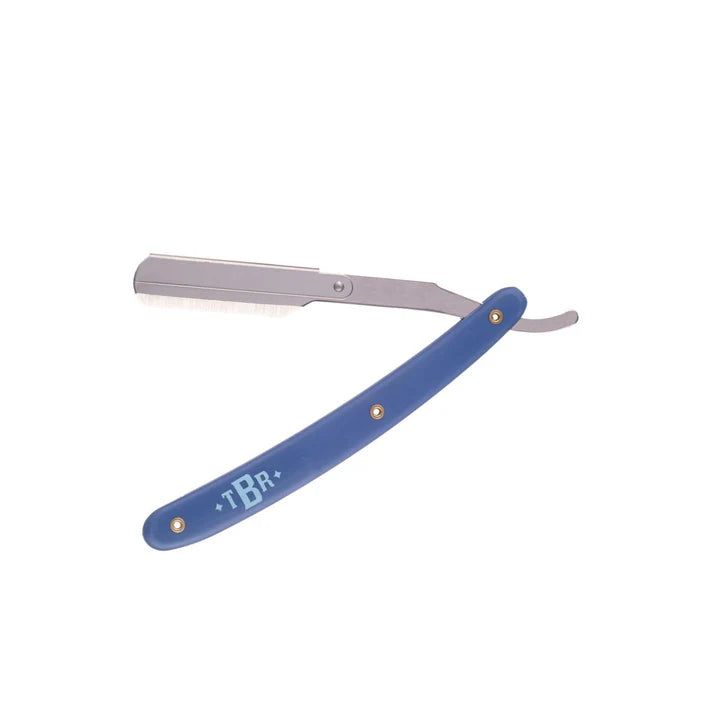 Cut-throat straight razor with blue handle and exposed blade