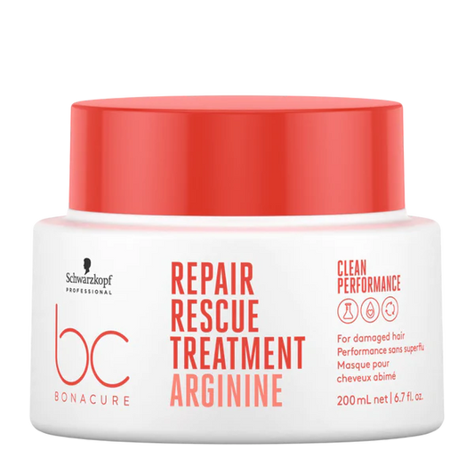 Hair repair rescue treatment jar, orange cap, white bottle; Repair Rescue Treatment Arginine, 200 ml