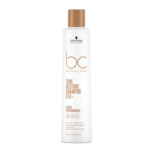 Shampoo bottle with white label, beige cap—BC Bonacure Time Restore, 250 ml