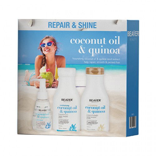 Beaver Ultimate Repair & Shine gift set with coconut oil & quinoa products, boxed.