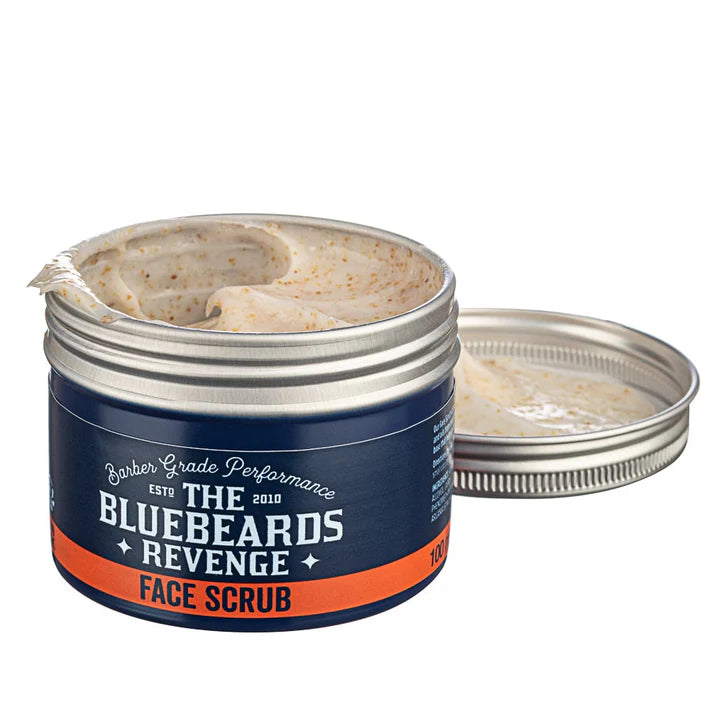 Face scrub jar with open top showing pale cream scrub texture
