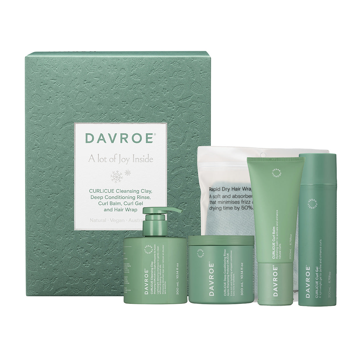 Davroe CURLiCUE hair care quad pack in green box with bottles and tubes