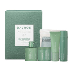 Davroe CURLiCUE hair care quad pack in green box with bottles and tubes