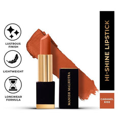 MyGlamm - Manish Malhotra Hi-Shine Lipstick - Caramel Kiss (Caramel Tan Shade) | Long Lasting, Creamy, UVB Protected with Satin, Shine, Matte Finish 4g