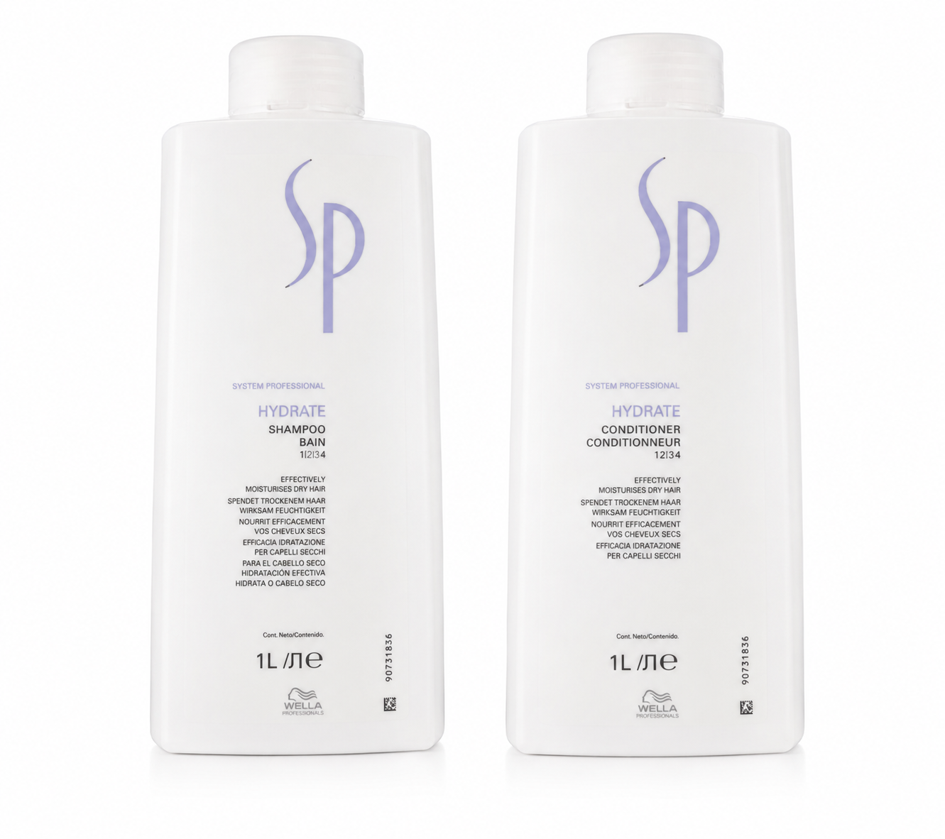 Wella SP Hydrate shampoo and conditioner duo, 1L white bottles with purple SP logo