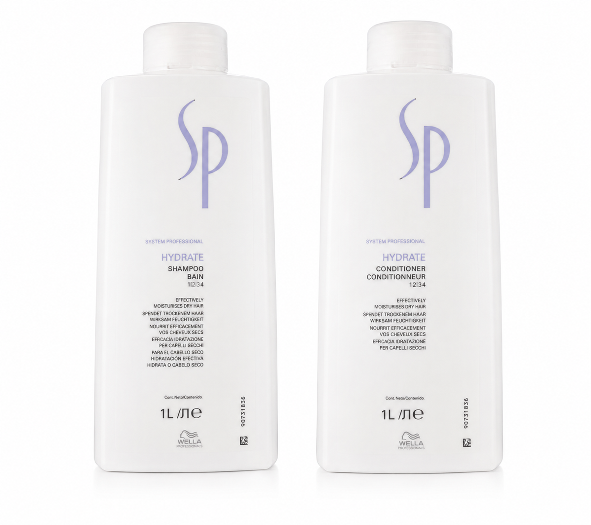 Wella SP Hydrate shampoo and conditioner duo, 1L white bottles with purple SP logo