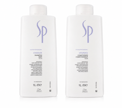 Wella SP Hydrate shampoo and conditioner duo, 1L white bottles with purple SP logo
