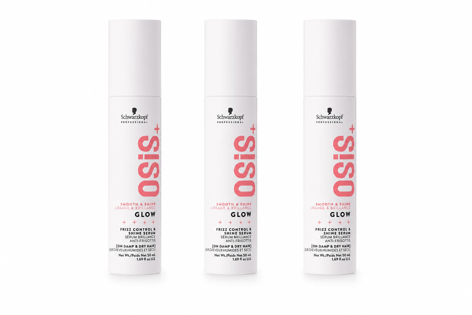 Schwarzkopf OSiS+ glow frizz control serum trio, three white pump bottles