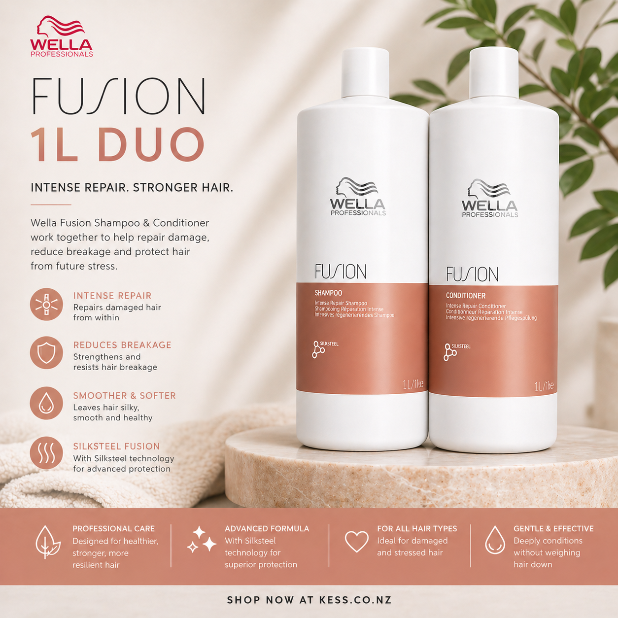 Wella Fusion Intense Repair shampoo and conditioner 1 L duo bottles