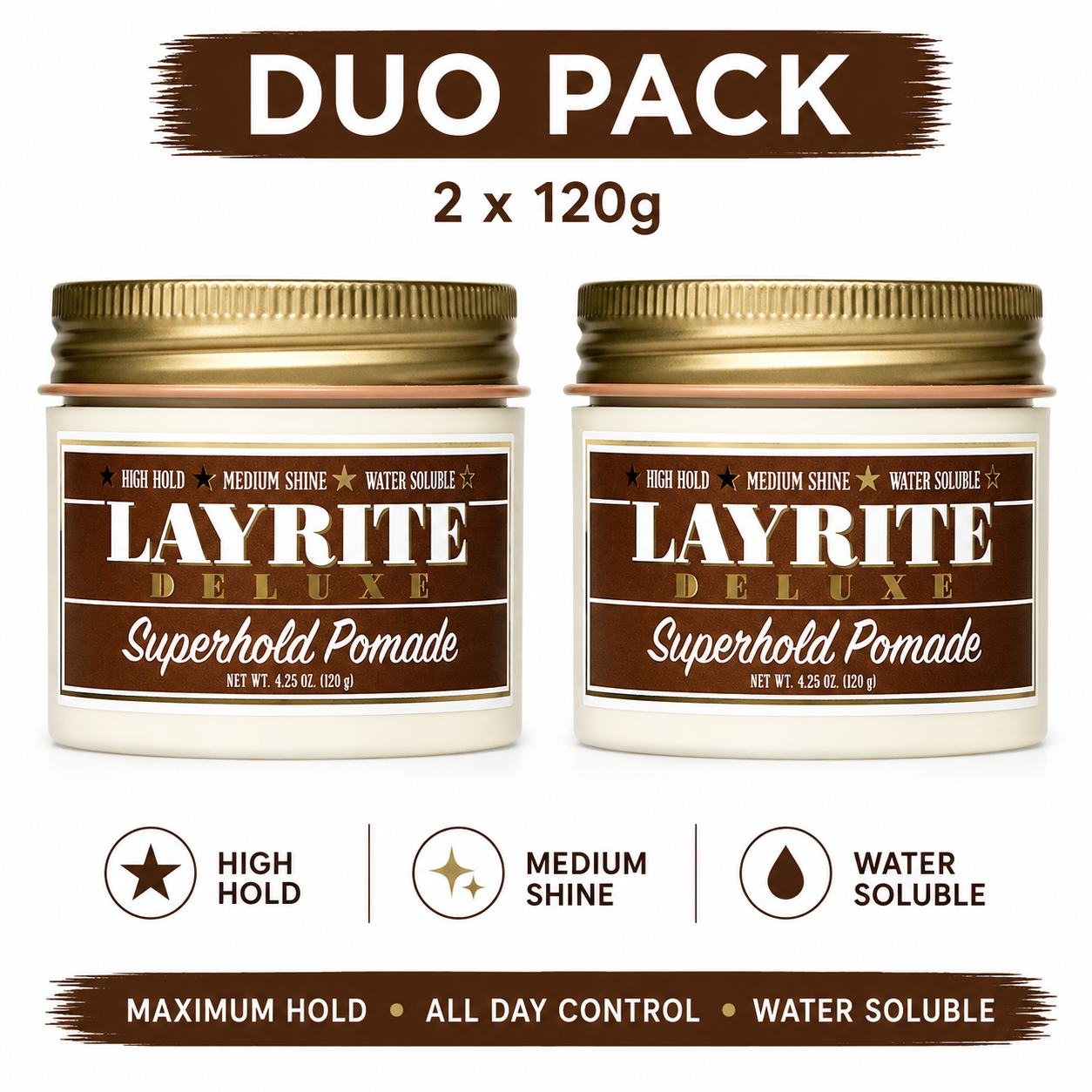Layrite Superhold pomade duo: two gold jars, water-soluble, high hold, medium shine.