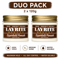 Layrite Superhold pomade duo: two gold jars, water-soluble, high hold, medium shine.