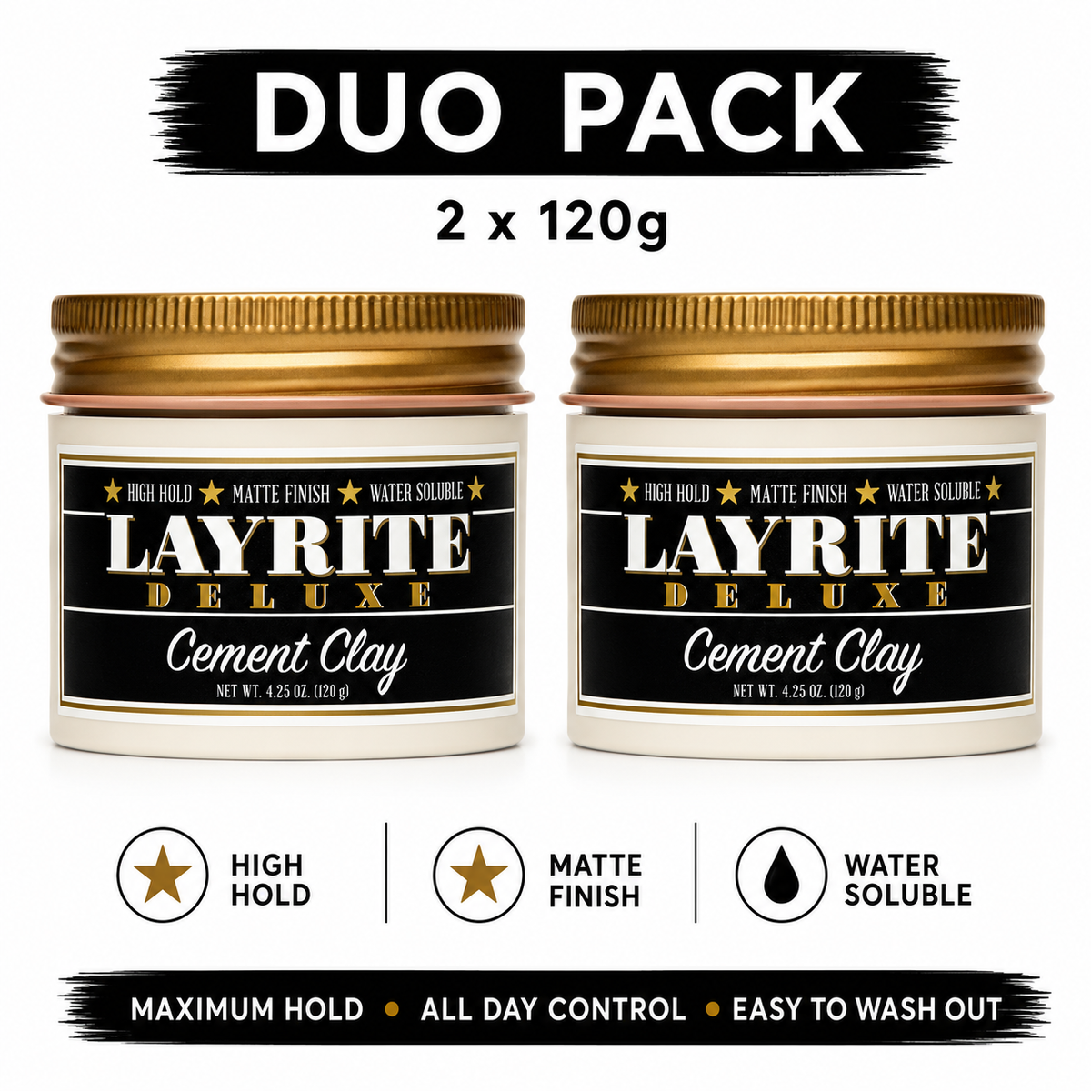 Layrite Cement Clay duo pack: 2x120g matte finish hair styling paste jars
