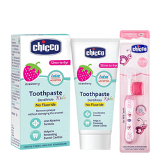 Chicco Dentifricio Toothpaste Strawberry Flavour - 50 g & Chicco Ultra Soft Bristles Honey Bee Printed Toothbrush - Pink