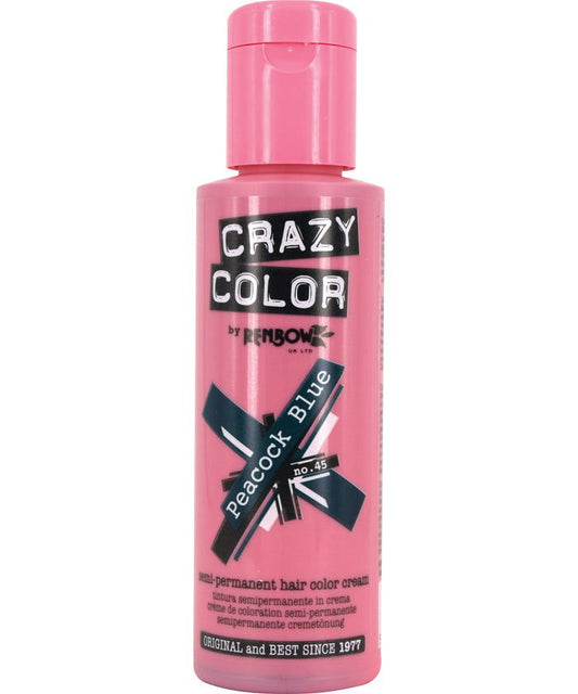 Crazy Color permanent hair dye bottle, pink with Crazy Color label and Peacock Blue text