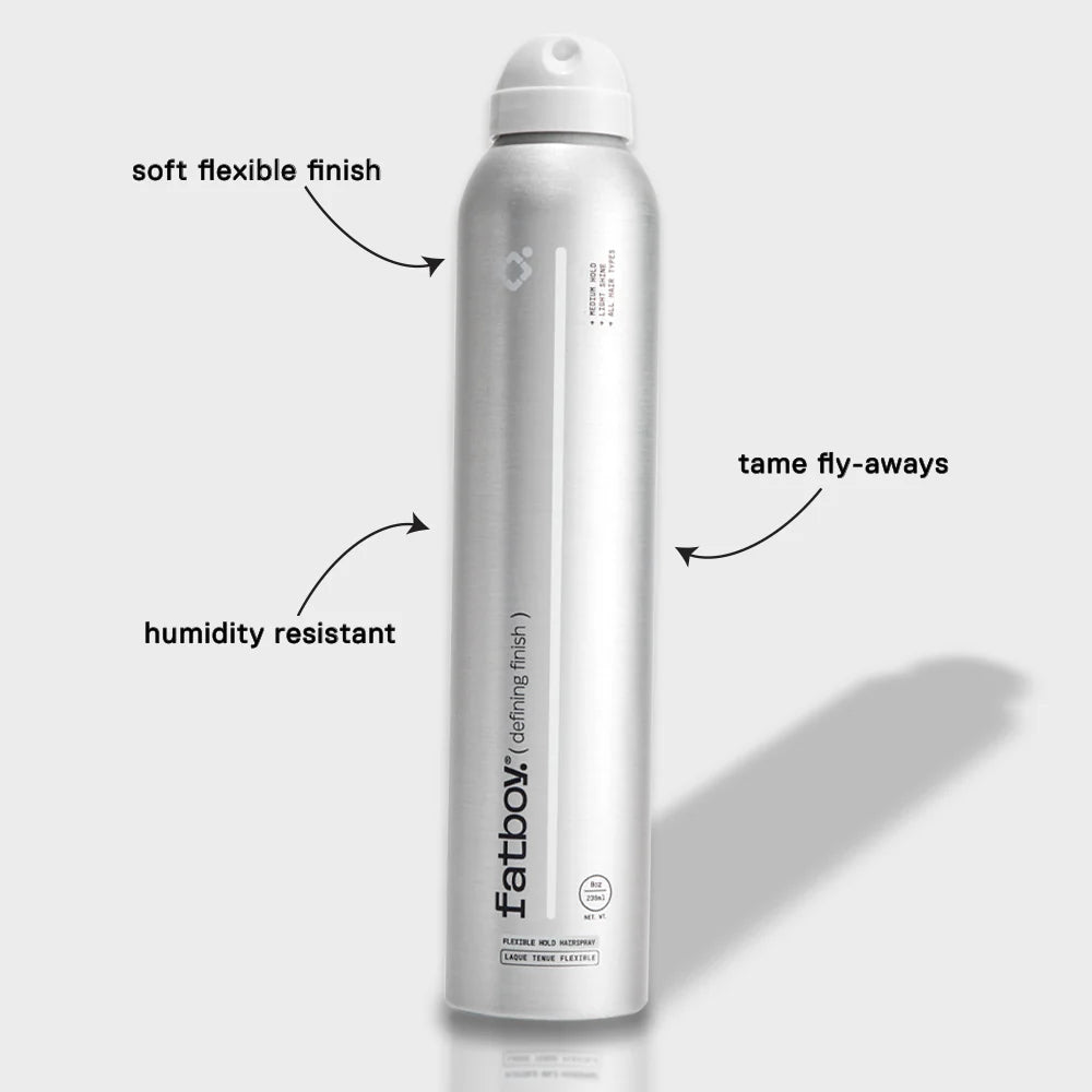 Silver hairspray bottle with white spray cap, humidity-resistant flexible finish
