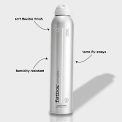 Silver hairspray bottle with white spray cap, humidity-resistant flexible finish
