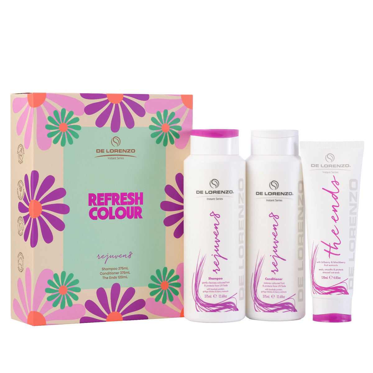 De Lorenzo Rejuven8 Refresh Colour holiday gift set with shampoo and conditioner bottles