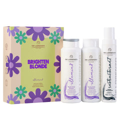 De Lorenzo Illumin8 hair care gift set with carton and three bottles, purple floral graphics