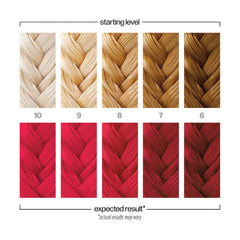Hair color result chart with red swatches and starting levels