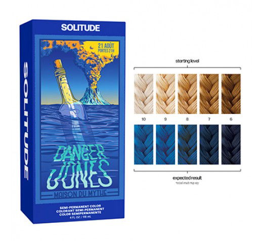Semi-permanent hair color box in SOLITUDE blue with bottle artwork and shade chart