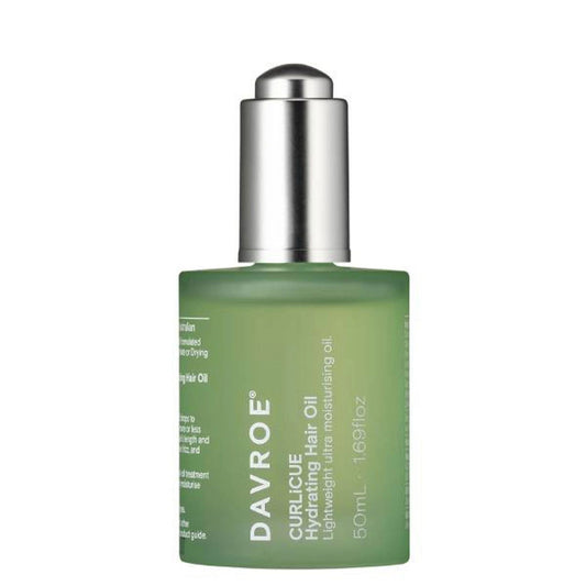 Davroe CURLiCUE hydrating hair oil bottle, green glass with silver pump cap