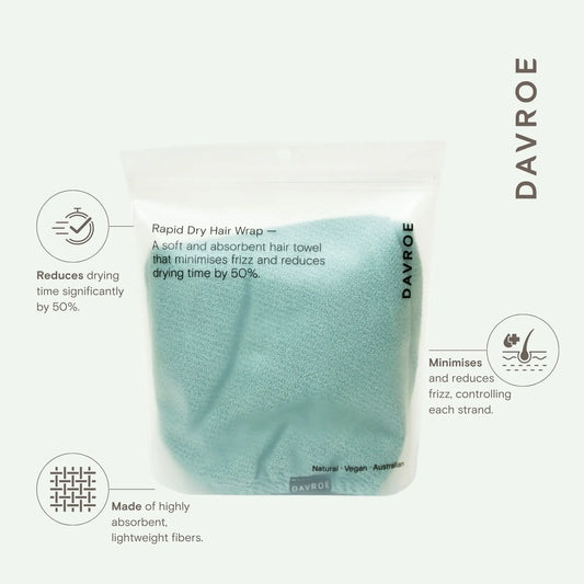 Davroe rapid dry hair wrap pouch, light blue towel with features icons on back