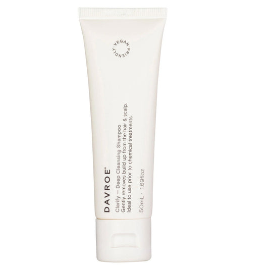 Davroe Clarify cleansing shampoo tube, white squeeze bottle with flip-top cap