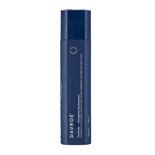 Davroe Fortitude strengthening shampoo bottle, dark blue cylinder with cap