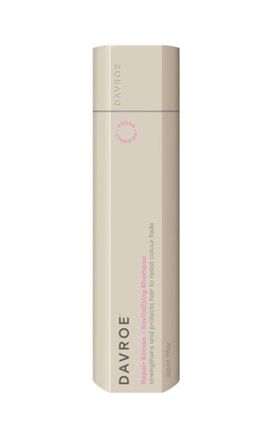 Davroe Repair Senses revitalizing shampoo bottle, beige plastic with vertical label
