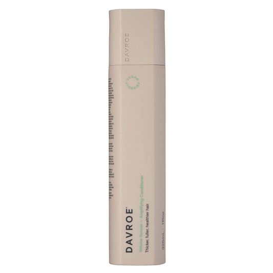 Davroe volume conditioner bottle, tall beige cylindrical container with green logo, 325ml