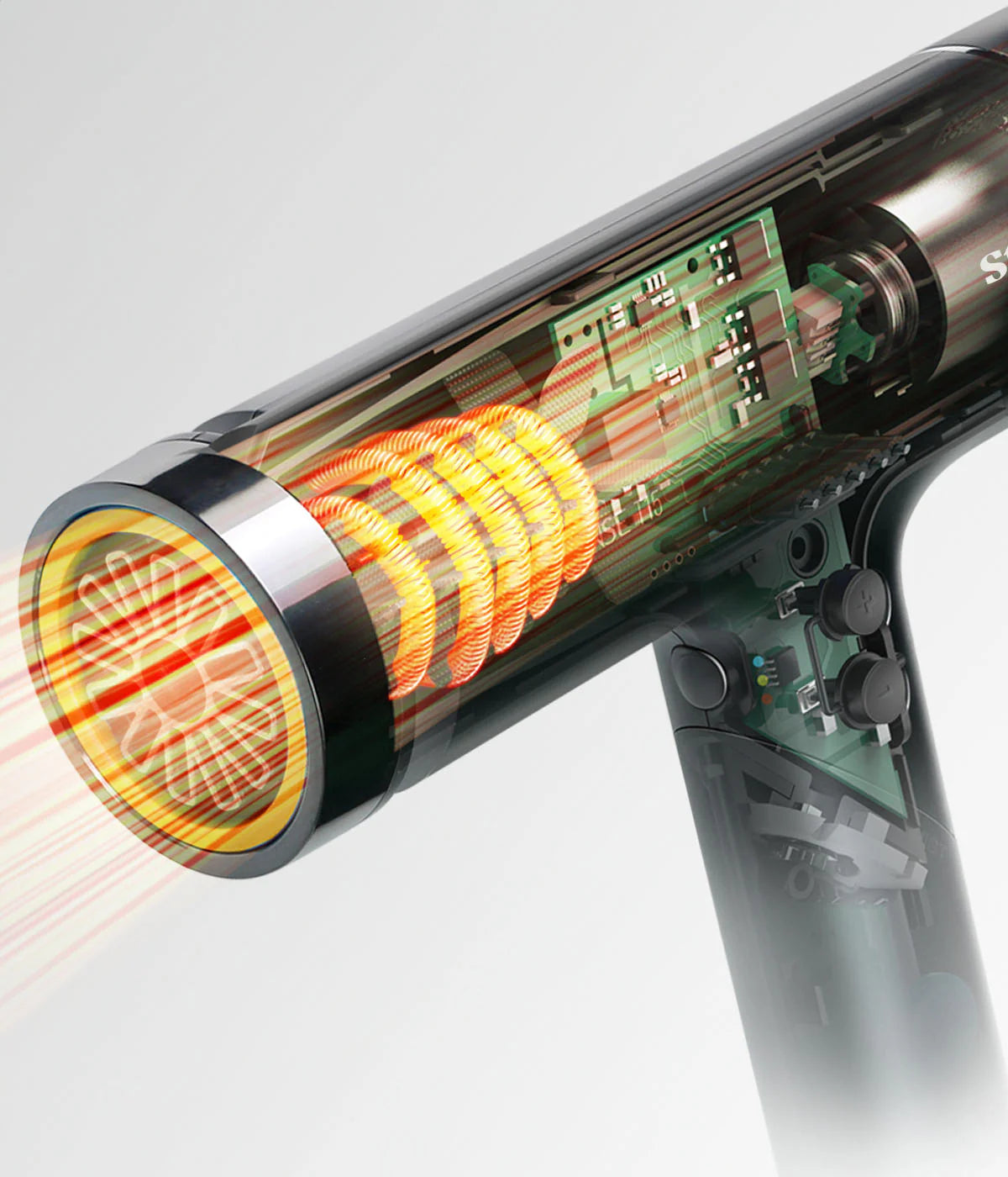 Hair dryer showing heating coil behind a clear nozzle housing