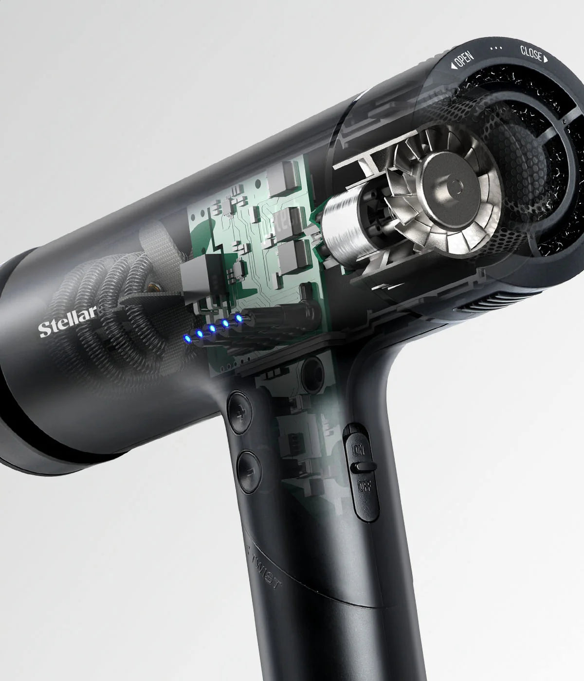Hair dryer internals showing fan and circuit components through clear casing