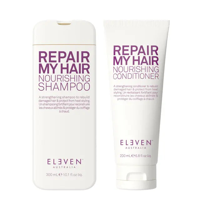 Eleven Australia Repair My Hair nourishing shampoo and conditioner set, white bottles and tube