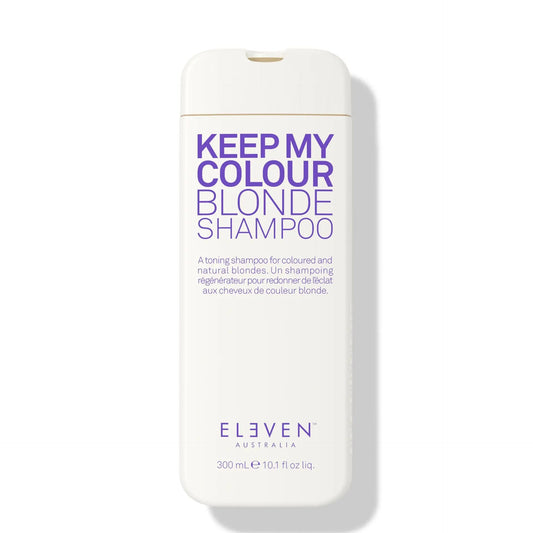Blonde shampoo bottle, white with blue Keep My Colour Blonde label