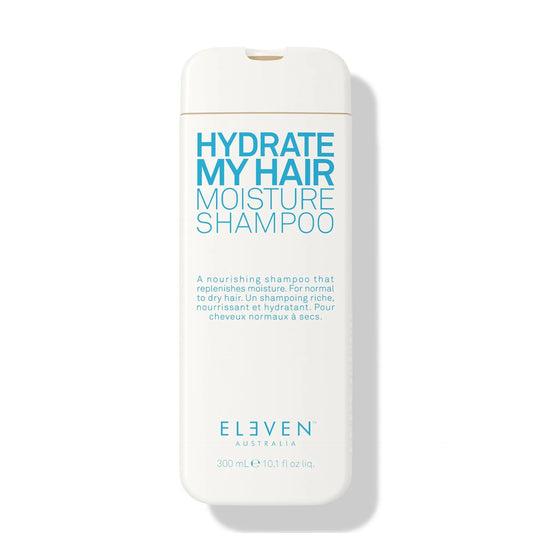 Moisture shampoo bottle, white with blue HYDRATE MY HAIR label, 300 ml