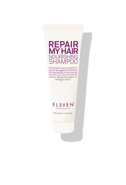 Eleven Repair My Hair nourishing shampoo tube, 50 ml, cream with purple text