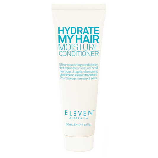 Mini hair moisture conditioner in a white squeeze tube, Hydrate My Hair label
