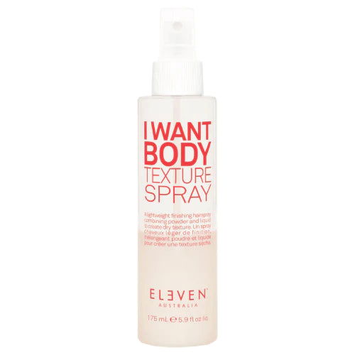 Body texture spray bottle with white pump, clear bottle, red label text