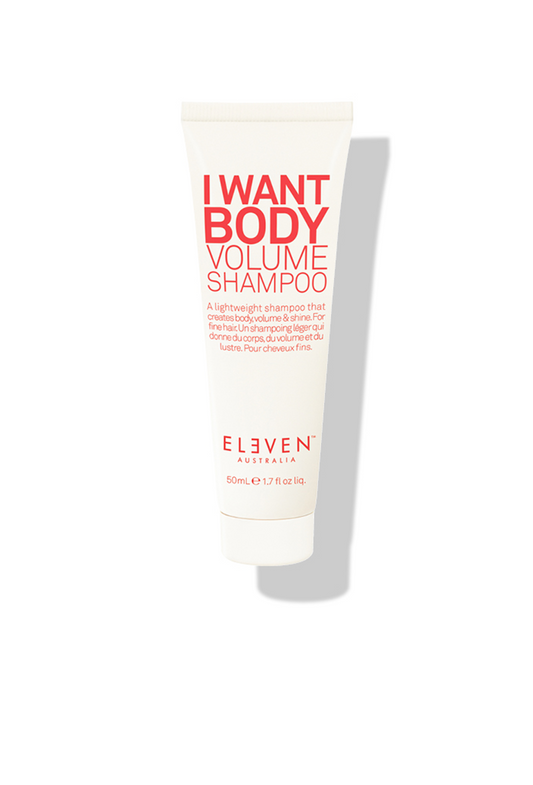Eleven Australia I Want Body Volume Shampoo tube, white with red lettering, 50ml