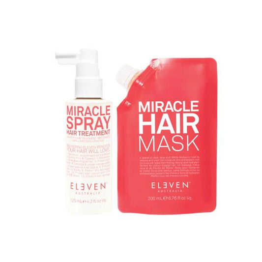 Eleven Australia Miracle Treatment spray and hair mask set: white pump bottle and red pouch