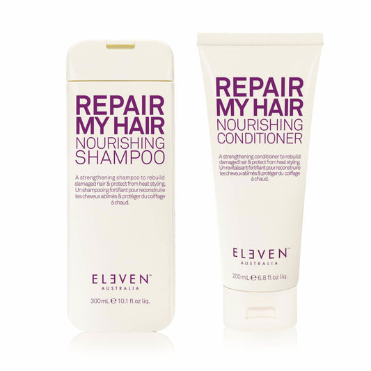 Hair repair duo set with Repair My Hair nourishing shampoo and conditioner tubes