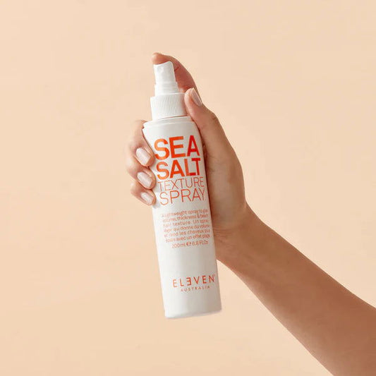 Sea Salt Texture Spray bottle held in hand, white pump, 200 ml.