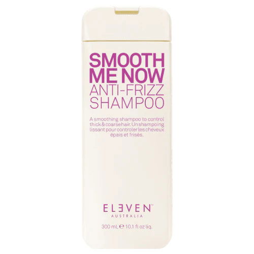 Eleven Australia Smooth Me Now anti-frizz shampoo bottle, white with purple label.